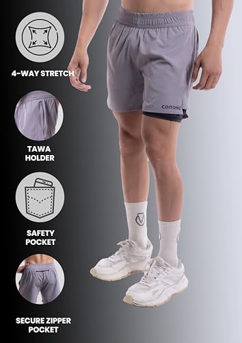 Image of COITONIC 2 in 1 Active Dual Black Shorts with Inner Tights Layer | Men's Double Layer Short for Running, Gym & Sports
