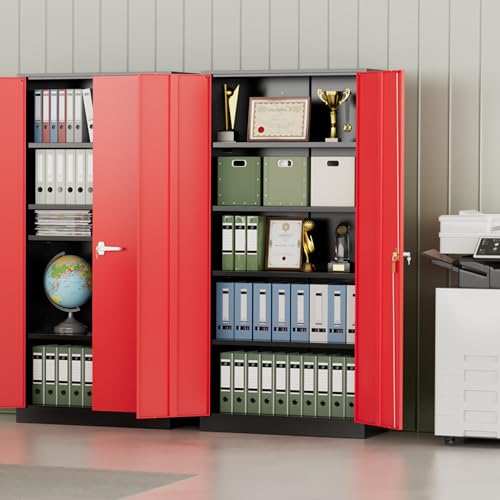 Image of INTERGREAT Metal Storage Cabinet,72 inch Steel Lockable File Cabinet with Locking Doors and Adjustable Shelves,Locking Tool Cabinets for Office,Home,Garage,Gym,School (Black Red)