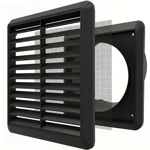Kair Black 100mm Louvred Wall Vent Grille with Flyscreen - 99.5mm / 4 Inch Round Rear Spigot & 155mm Front Cover