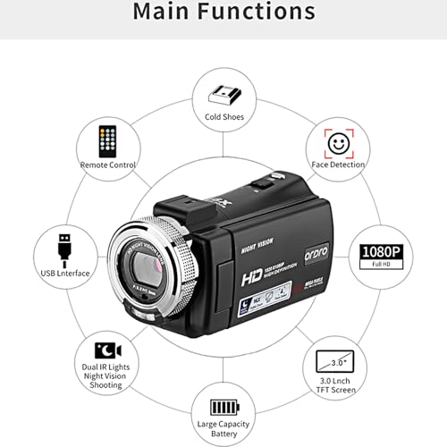 ORDRO V12 Video Camera Camcorder Full HD 1080P 30FPS Infrared Night Vision Camera 3.0 Inch LCD Screen 16X Zoom Camcorders with 16GB Memory Card Remote Control and 2 Batteries - Image 3
