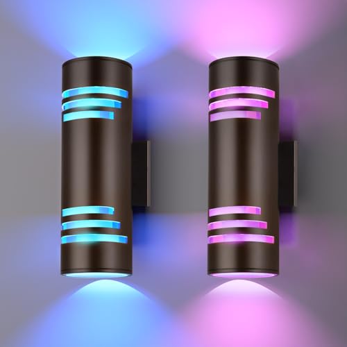 Image of Smart WiFi Outdoor Wall Lights Exterior 2 Pack, Up and Down Porch Lights Ambience Color Changing, Bronze Cylinder RGBCW LED Outdoor Wall Lamp for House Garage Porch, Outside Exterior Lights ETL Listed