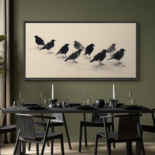 Image of MUDECOR Extra Large Framed Canvas Print Wall Art Minimalist Black Crow Flock Ink Style Neutral Antique Retro Ready to Hang Painting for Living Room Bedroom Multi-Sizes - 60 inchx30 inch