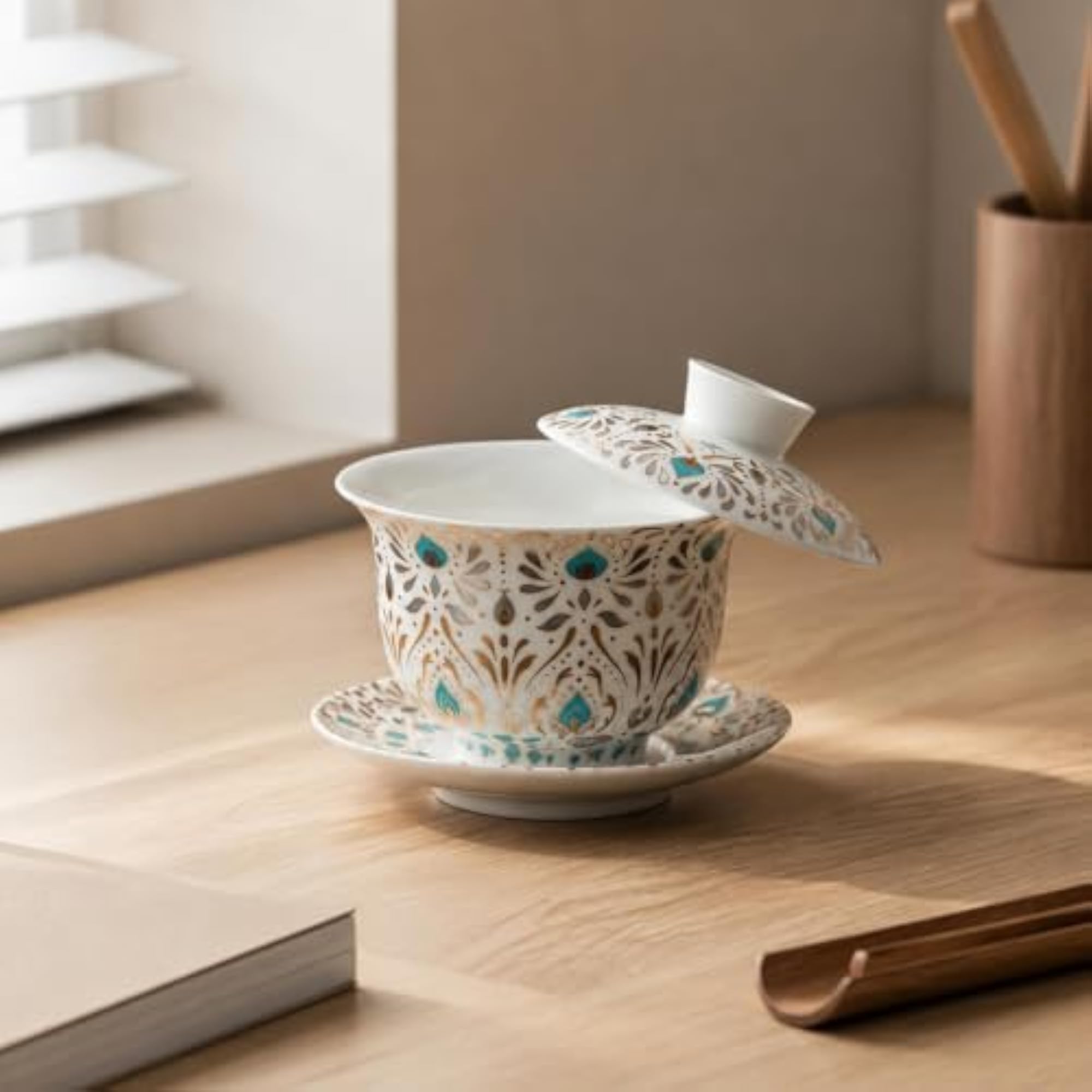 Ceramic Covered Tea Cup with Lid and Saucer, White