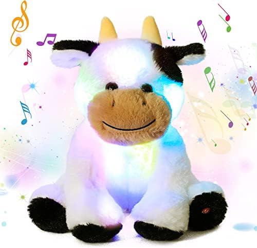 Cuteoy Musical LED Plush Cow Light up Stuffed Singing Dairy Cattle Animals Lullaby Floppy Night Lights Glow Afraid of Dark Gifts for Kids Toddlers on Birthday Xmas, 10