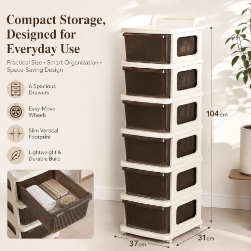Image of Heavy Duty Plastic Storage Drawer with Wheels | Modular Cabinet for Bedroom, Office, Home or Classroom| Chest of Drawers Organiser for Cosmetics, Kitchen items, Toys (Brown, 6)
