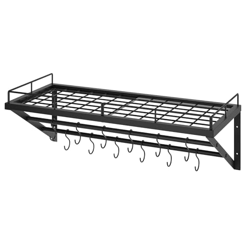 YATINEY Pot Rack, 30 Inch Wall Mounted Pot Rack, Kitchen Pot and Pan Organizer with 2 Tier Hanging Rails, 12 S-Hooks, Space Saving, for Kitchen Cookware Organizer, Black PR02BK - Thumbnail 7