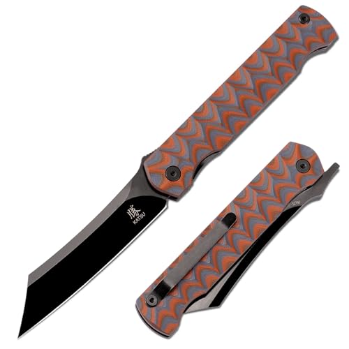 KATSU AUS-8 Steel Blade Folding Knife,Pocket Knife for Men G10 Handle, Liner Lock Japanese Style Front Flipper EDC Knife with Clip Black Titanium Coated/Stonewashed finish