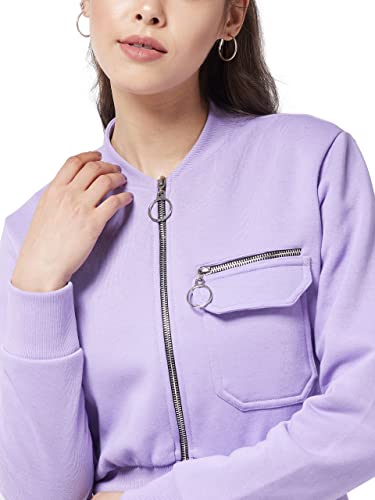 Image of Miss Chase Women's Lavender Round Neck Full Sleeve Cotton Solid Bomber Crop Jacket