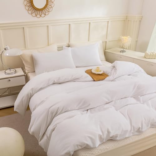 Image of ECOCOTT White Duvet Cover King Size - 100% Washed Cotton Durable Soft Comfy Duvet Cover Set, Lightweight and Breathable with Zipper Closure & Corner Ties (White, 104''x90'')