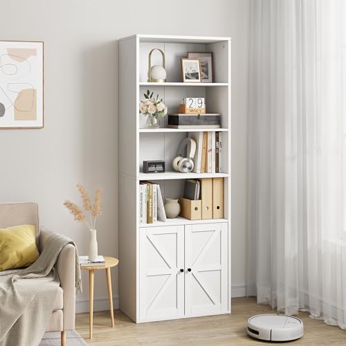 OPULENTHOME Bibliothèque Blanche avec Portes, bibliothèque Ouverte à 6 étagères avec kit Anti-basculement, Profondeur 30 cm, idéale pour Le Salon, la...