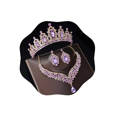 Kamirola Women Crystal Bridal Jewelry Set Tiara Earrings Necklace Costume Party Halloween Prom (Gold Purple)