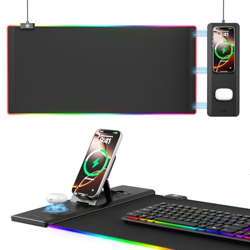 KDD Tapis de Souris avec Support Téléphone Pliable - Tapis de Bureau avec Recharge sans Fil Rapide 15 W - sous-Main Gaming avec Surface Ultra-Lisse, Base Antidérapante, Accessoires Bureau