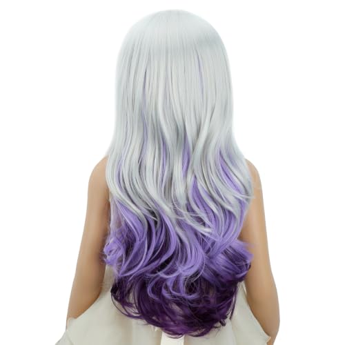 Image of Silver Gray Ombre Purple Wig for Child Girls Long Grey Ombre Purple Middle Part Wig Kids Silver Gray to Wavy Curly Wigs Heat Resistant Synthetic Wigs with Cap
