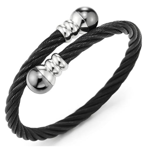 Image of COOLSTEELANDBEYOND Elastic Adjustable Steel Twisted Cable Cuff Bangle Bracelet for Mens for Women
