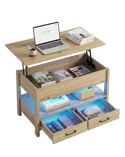 Ginhow Mesa de Centro Elevable, Coffee Table de Madera con 2 Cajones, Mesa Auxiliar Sofa con Altura Regulable, Luz LED, para Salón