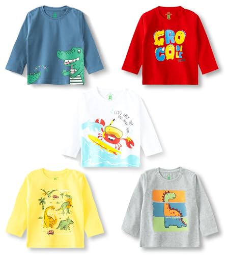 Image of YUV Infant Boys 100% Cotton Regular Fit Full Sleeve Printed T-Shirts, Pack of 5