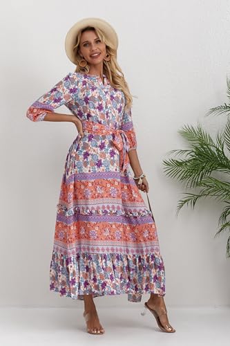 Image of Women Boho High-Waist Floral Print Maxi Dress 3 /4 Sleeve Casual | Soft Rayon, Breathable, Quick-Dry. High-Waist with Adjustable Belt, Flattering Hem. Ideal for Beach, Work & Dating.