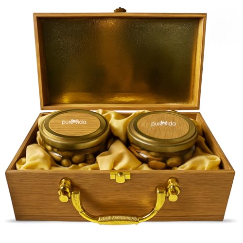 Image of Purevida Premium Dry Fruits Gift Box | Almonds 150g & Cashews 150g | Luxury Beige Wooden Gift Box with Golden Handle | Healthy Christmas & New Year Gift Hamper