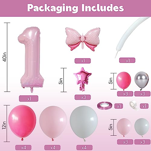 Image of 40 Inch Pink Number 1 Balloon Tower 1st Birthday Decorations for Girls | Large Pastel Baby Pink White Number One Foil Balloons Stack Fun To Be 1 Year Old Princess First Birthday Party Decorations