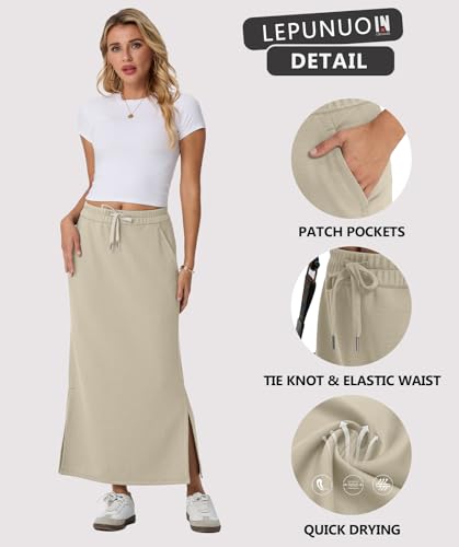 Image of Lepunuo Women's High Waisted Sweat Maxi Skirt with Pockets Slit | Ultra Soft Sweat Fabric, High Waist Drawstring, Deep Phone Pockets, Side Slit for Movement, Ideal for Lounge Travel