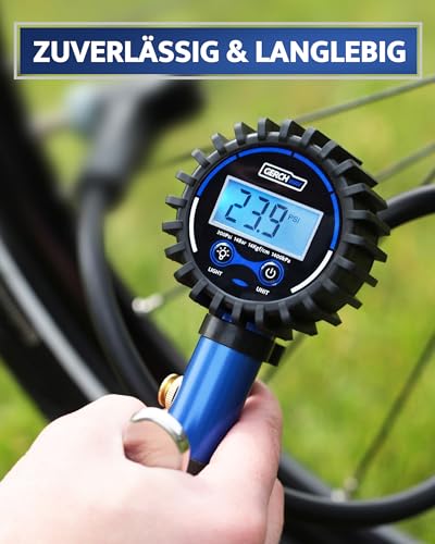 GERCHWAY Digitaler Reifenfüller mit Manometer 0-14 bar – Ventil-Adapter für Presta/SV (Französisches Ventil) und Schrader/AV, Druckluft-Reifendruckprüfer für Luftkompressor – für Fahrrad und Auto