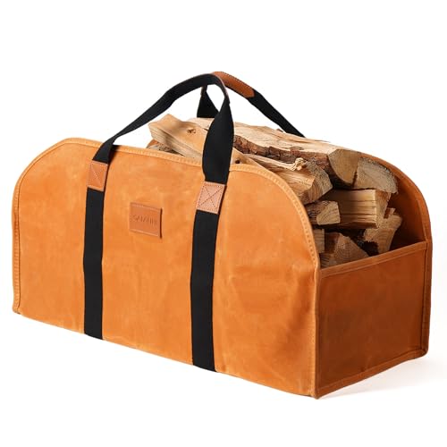 GALAFIRE Log Carrier for Firewood, Waxed Canvas Durable Fireplace Wood Holder Tote Bag, 23'' × 10''x 11.3''