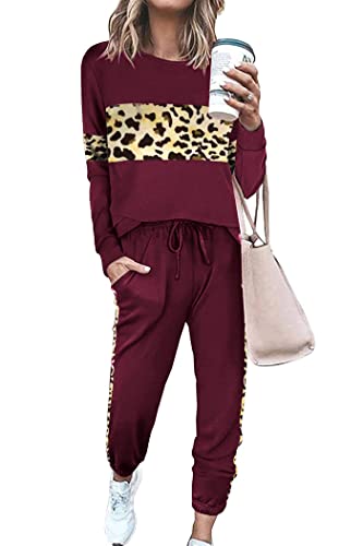 Prettygarden Women's Color Block 2 Piece Tracksuit Crewneck Long Sleeve Tops Long Sweatpants Outfits Lounge Sets (Leopard Wine Red,Medium) #TOP3