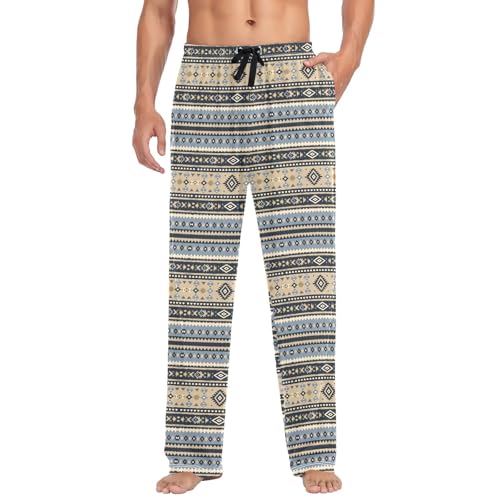 Mens Cotton Pajama Pants Sleep Lounge Pj Bottoms Sleepwear with Pockets Drawstring S Yellow and Blue Aztec