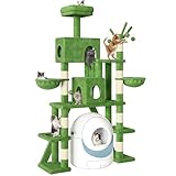 Homiflex Tall Cat Tree for Indoor Cats, 74" Multi-Level Cat Tower with Cat Condos, Plush Perches & Self-Cleaning Litter Box Base, Modern Cat Tree with Scratching Posts & Hammocks, Green
