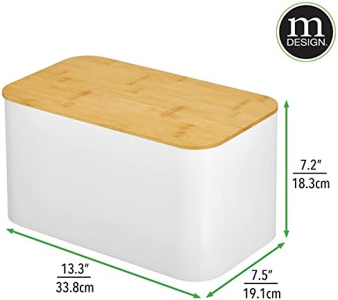 mDesign Bread Bin  Kitchen Storage Container for Bread, Bagels, Rolls, and More  Countertop Bread Box with Bamboo Lid  Matte White/Bamboo