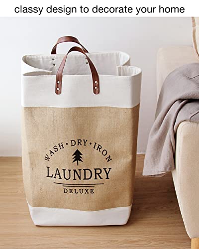 Amztop Linen Clothes Hamper Patchwork Collapsible Laundry Basket With Leather Handles For Storage Toys And Clothing In Bedroom, Bathroom Foldable Laundry Hamper 68L #TOP6