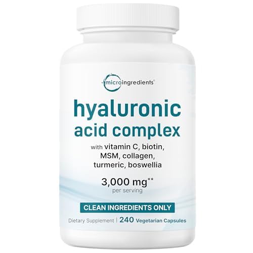 Micro Ingredients Hyaluronic Acid Complex, 240 Vegetarian Capsules | with Collagen, MSM, Vitamin C, Biotin, Turmeric & Boswellia | Non-GMO, Filler-Fre