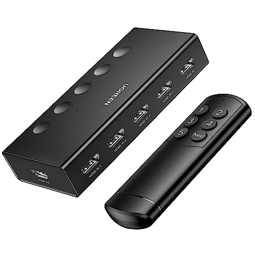 UGREEN HDMI Switch 5 in 1 Out HDMI Splitter 4K@60Hz with Remote 5 Port Hdmi 2.0 Switcher Support 3D CEC HDR HDCP 2.2 Compatible with PS5/4 Xbox TV Box Blu-Ray HDTV Monitor Projector (Black)