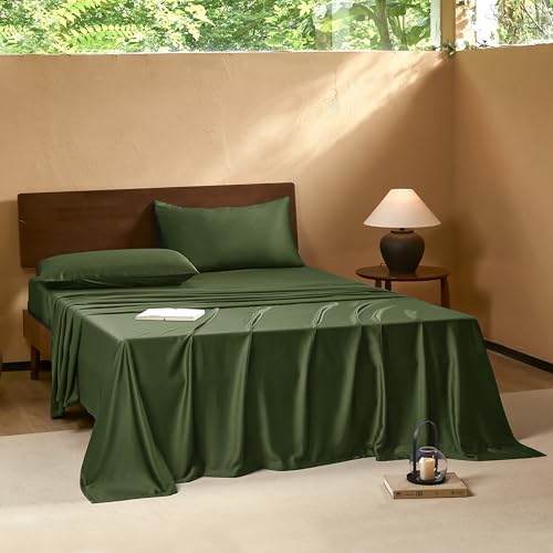 Image of EVERLY Twin Sheets Set,Luxuriously 400 Thread Count Organic Viscose Derived from Bamboo Bed Sheet,Cooling Sheets for Twin Size 3 Piece Deep Pockets Bedding Sheets &Pillowcases-Dark Green