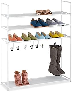 Relaxdays 4 Tiers, 12 Pairs of Shoes, 7 Boot Hooks, Plug-in System, Metal, Fabric, Hallway Storage Rack, White, Alloy Steel, 119x100x30 cm