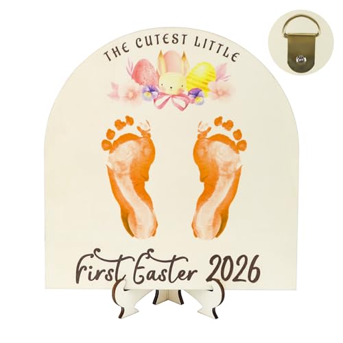 Baby's First Easter Footprint DIY Wooden Sign, My Baby's 1st Easter Gifts Craft, My First Holiday Milestone Signs Have Eggs Carrot Bunny Footprints Flower, Spring Hanging Decor Gifts for New Parents