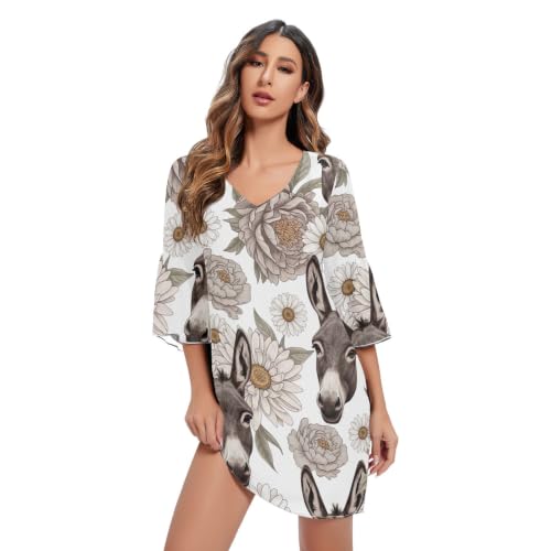 Robe courte en mousseline gris âne à imprimé cartoon et manches 3/4 pour fête