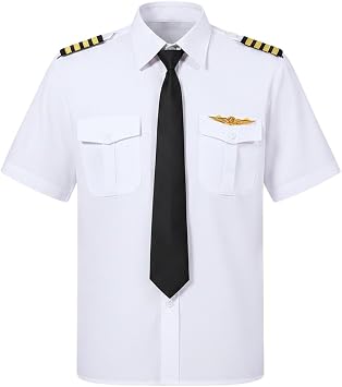 Professional Pilot Shirt, Aviation Pilot Shirt with Necktie Badge and Epaulettes Adult Airline Pilot Flight Work Costume
