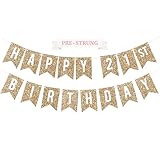 Pre-strung Happy 21st Birthday Banner - No DIY - Gold Glitter 21st Birthday Party Banner for Men & Women - Pre-strung Garland on 6 ft Strands - Gold Bday Party Decorations & Decor - No DIY