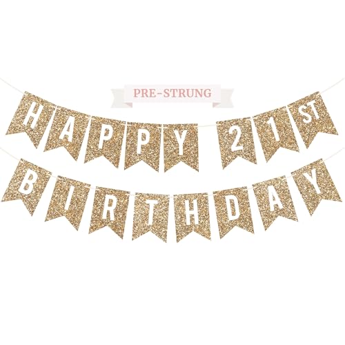 Image of Pre-Strung Happy 21st Birthday Banner - Gold Glitter Birthday Banner | No DIY - Gold Glitter 21st Party Decorations for Men & Women - Pre-Strung on 6 ft Strands - Bday Party Decorations & Decor