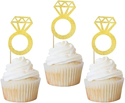 Rsstarxi 24 Pack Diamond Ring Cupcake Toppers Gold Glitter Diamond Wedding Ring Cupcake Picks for Marriage Engagement Anniversary Valentines Party Cake Decorations Supplies.