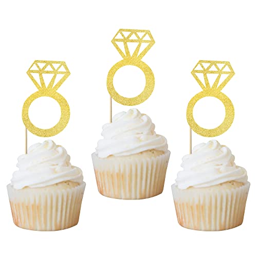 Rsstarxi 24 Pack Diamond Ring Cupcake Toppers Gold Glitter Diamond Wedding Ring Cupcake Picks for Marriage Engagement Anniversary Valentines Party Cake Decorations Supplies.