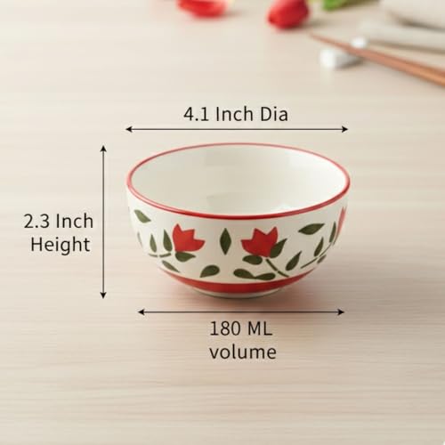 Image of Freakway Ceramic Tulip Small Bowls, 180ml Capacity, 4.1 inch Diameter Mini Dessert & Snack Bowls with Red Floral Design, Microwave & Dishwasher Safe Porcelain, Set of 6