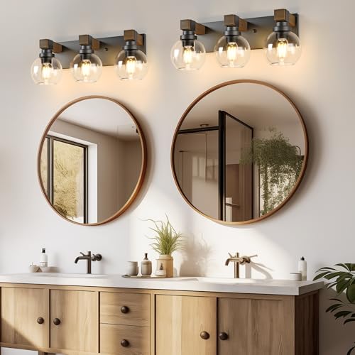 Image of LmnLvn Farmhouse 3-Light Bathroom Vanity Light, Wood & Metal Glass Shade