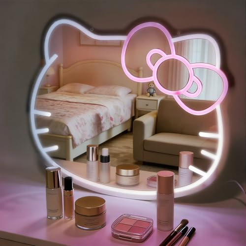 Anime Neon Sign Vanity Bedroom Wall Mirror 16x14inch Large Size for Pink Room Decor Makeup Mirror with Remote for Teen Girl Gifts for Birthday Christmas Halloween Thanksgiving Valentines Day