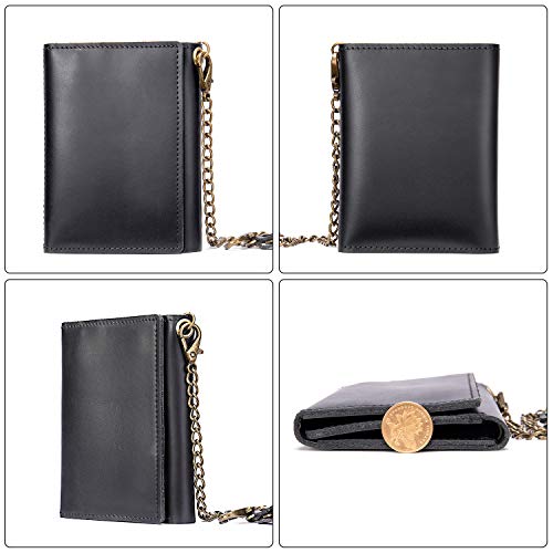 NIUCUNZH Mens Genuine Leather Small Trifold Wallet on Chain with ID Window and Zipper Pocket Black, Rfid Blocking3