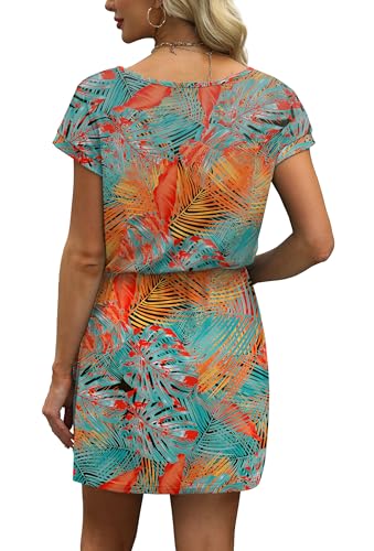 Image of OFEEFAN Summer Dresses for Women 2026 V Neck T Shirt Casual Mini Dresses Tie Waist Sundresses with Pockets
