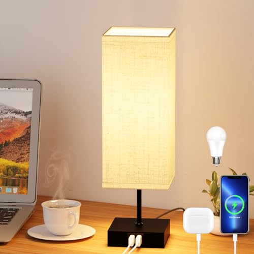 Toipwen Lamparas de Mesita de Noche - Control Táctil, 3 Temperaturas Regulable - 2 Puertos USB de Carga Rápida - 6W E27 Bombillas - para Dormitorio, Salón, Oficina