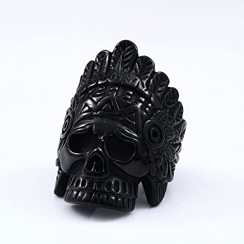 Men Vintage Viking Warrior Tribal Leader Ring, Indian Chief Headdresses Skull Biker Punk Ring, Cool Finger Jewelry,Black,12