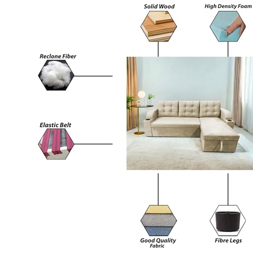 Image of Casaliving Grance RHS 4 Seater Corner Sofa Cum Bed for Living Room with Storage (Cream Fabric) Premium Fabric Sofa Cum Bed